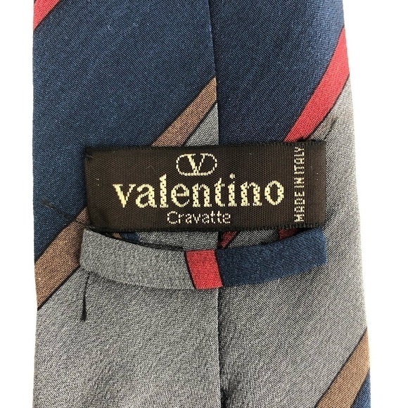 Valentino Italy Neck Tie Monogram Logo Blue Gray Red Stripe One Size - Picture 5 of 7